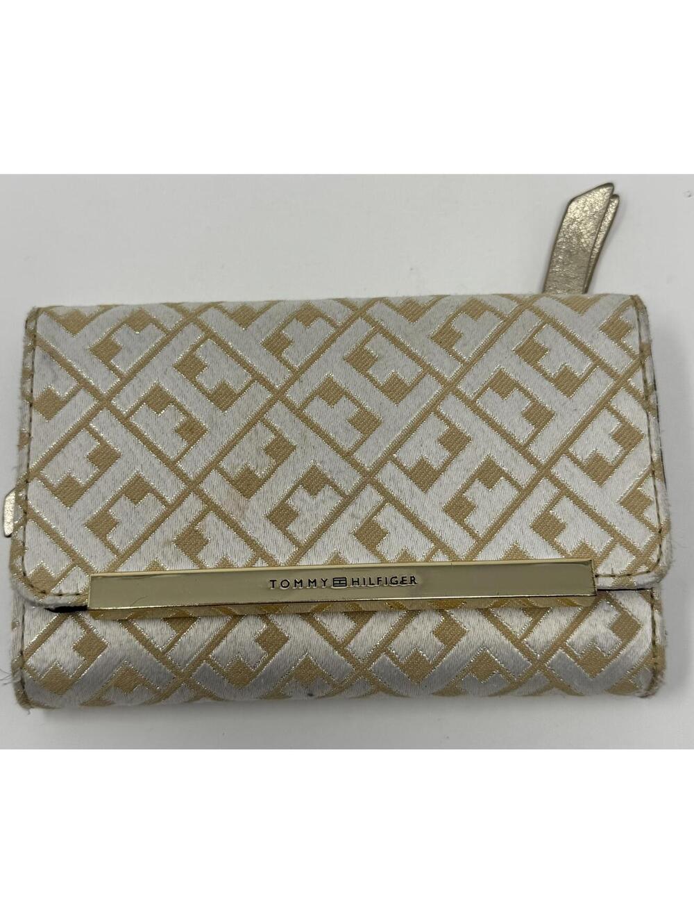 Tommy Hilfiger Trifold Wallet Clutch Gold/White Signature Fabric Logo Bar